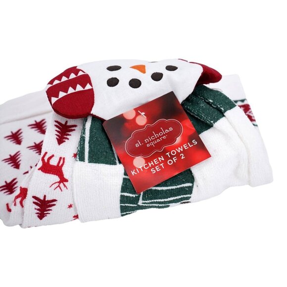 St Nicholas Square Kitchen Towels Christmas Snowman Set Of 2 100% Cotton - Picture 5 of 5